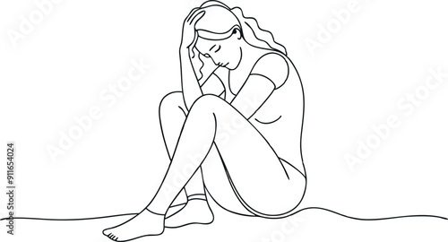 Line Art of Woman Sitting with Head in Hands