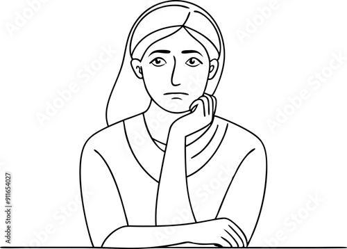 Bored Woman Sitting Alone with Hand on Chin