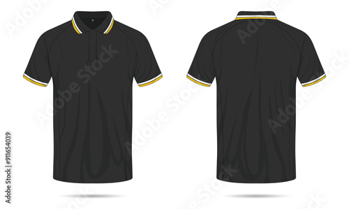 Black polo shirt mockup with yellow stripes front and back view