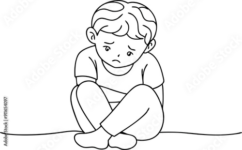 Sad Child Sitting Alone in Black and White Line Art