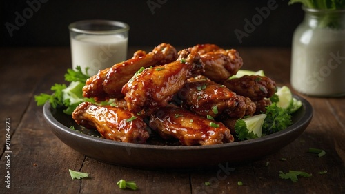 Spicy Chicken Wings: Glazed with Fiery Hot Sauce, Crispy Edges Fresh Off the Grill, Served with Celery Sticks and Creamy Ranch Dressing on a Rustic Platter in a Warm, Inviting Kitchen Setting 