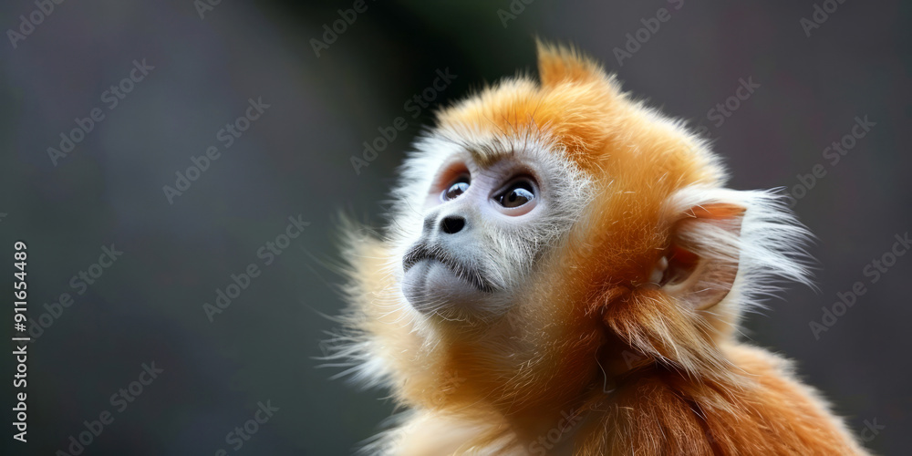 Adorable golden snub-nosed monkey looking up with curiosity Adorable golden snub-nosed monkey looking up with curiosity