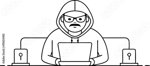 Hacker in Hoodie Working on Laptop Illustration