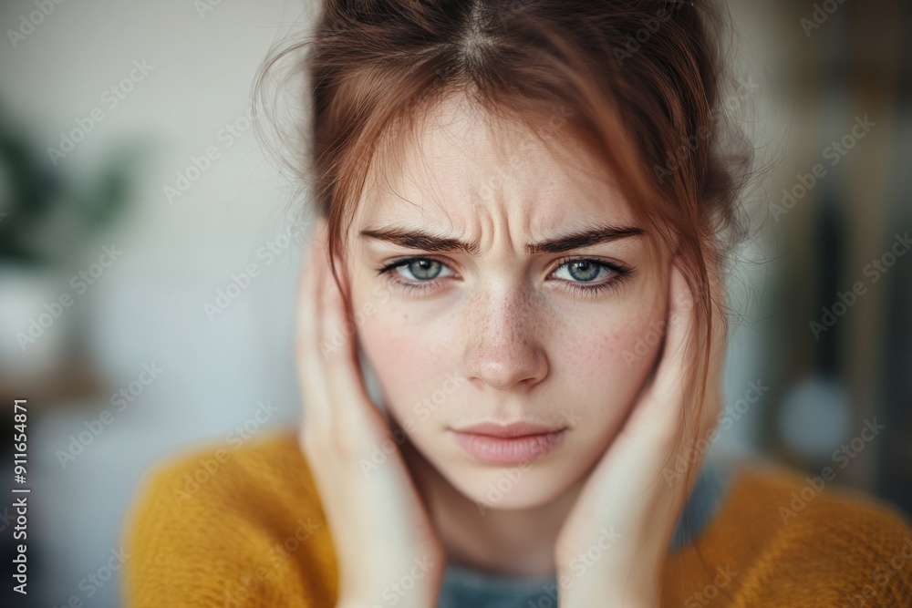 Portrait of a young girl in a yellow sweater. A young woman shows sad emotions. Portrait of a young girl in a yellow sweater. A young woman shows sad emotions.