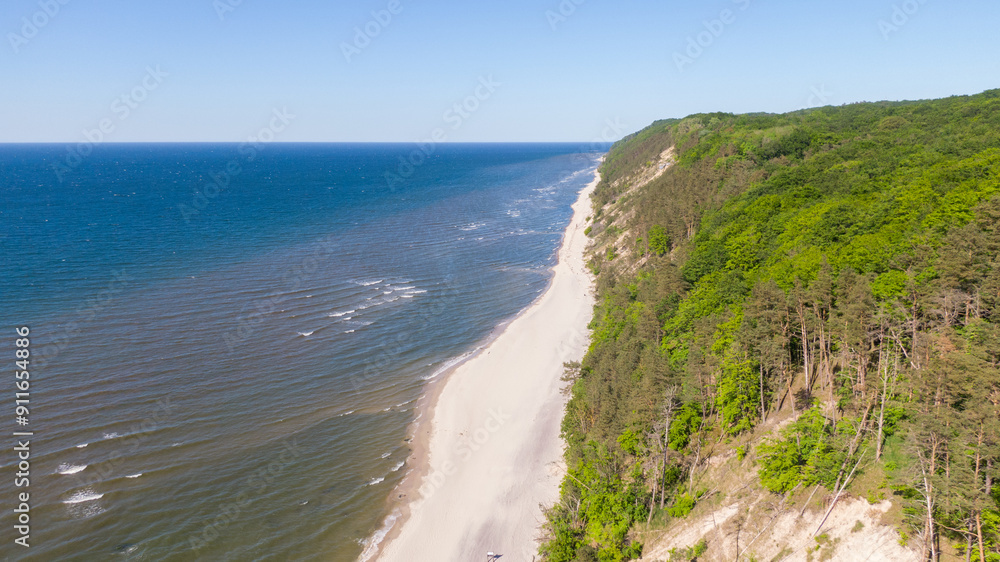 Coast of Baltic Sea in Miedzyzdroje, Poland. Aerial view on Beach and water, Drone photo Coast of Baltic Sea in Miedzyzdroje, Poland. Aerial view on Beach and water, Drone photo
