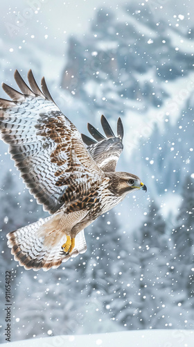 Hawk Flying in Snowy Forest Background