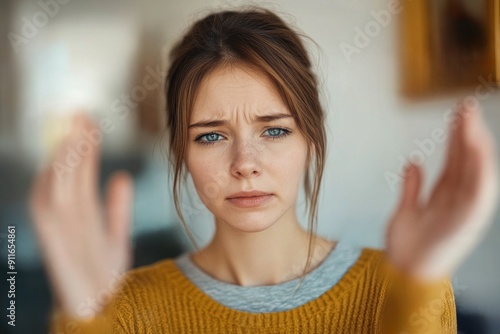 Portrait of a young girl in a yellow sweater. A young woman shows sad emotions.