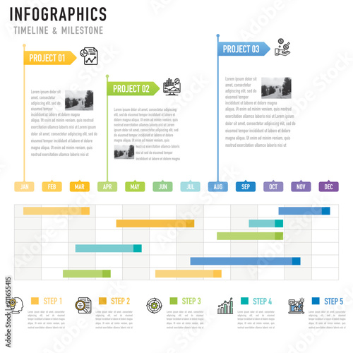 Gantt chart timeline infographic template or element with 6 project, step, process, option, colorful bar, flag, button, arrow, minimal style for sale slide, flowchart, planner, schedule, workflow, web