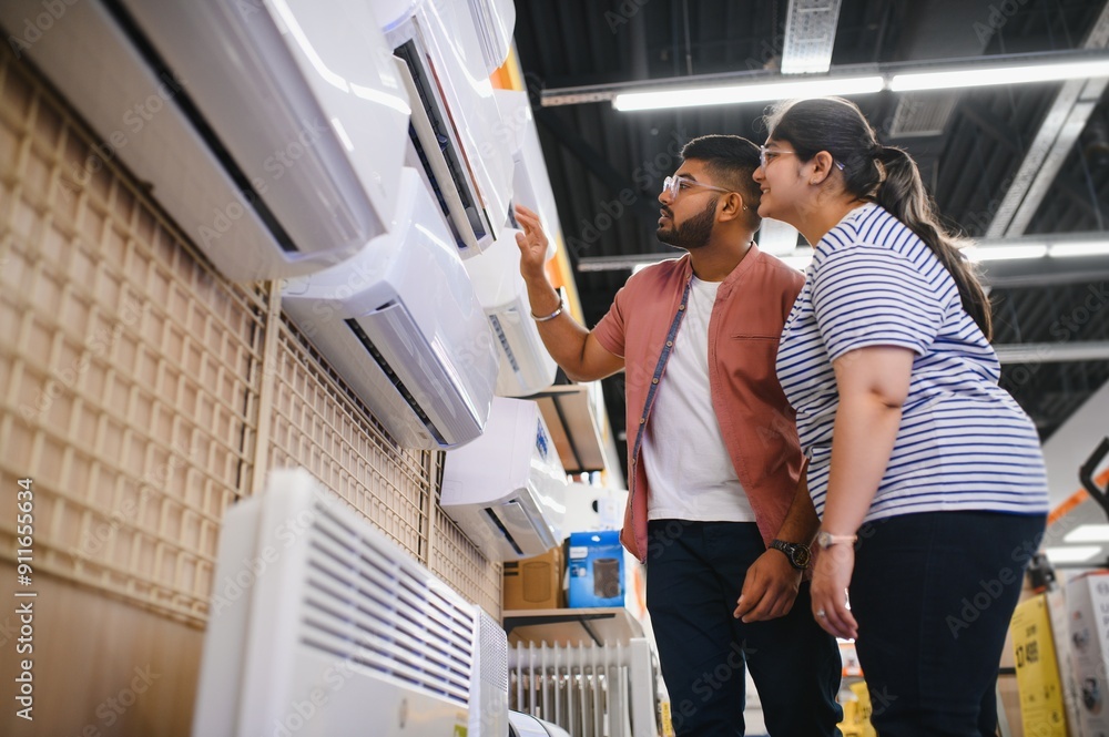 Young indian couple, satisfied customers choosing air conditioner in appliances store Young indian couple, satisfied customers choosing air conditioner in appliances store