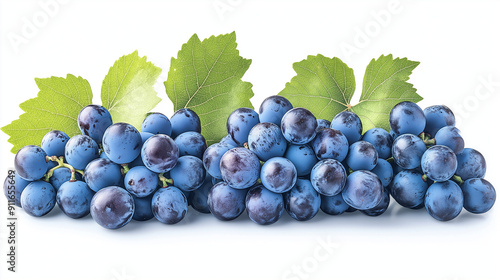 A bunch of ripe blue grapes withe leaves on white background