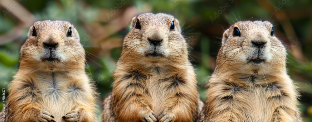 Trio of prairie dogs sitting upright and observing surroundings Trio of prairie dogs sitting upright and observing surroundings