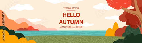 Autumn colorful abstract background, poster, card, cover. Bright trees, bushes, park, wood, forest. Nature concept. Fall mood landscape, flowers, lake, clouds.