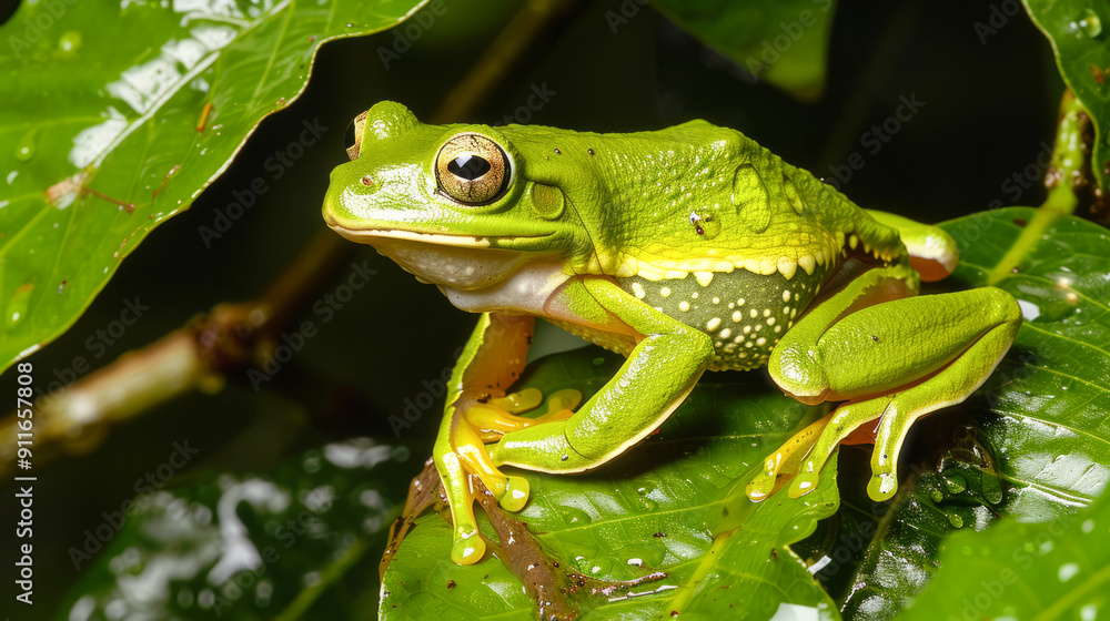 Tree frog perched on wet foliage in the rainforest Tree frog perched on wet foliage in the rainforest