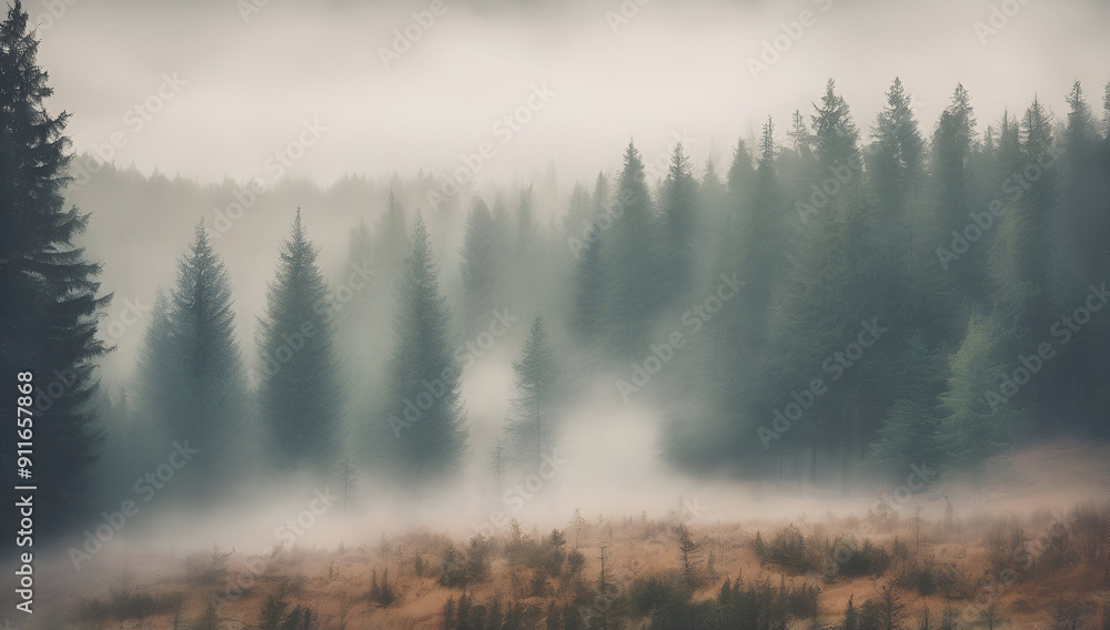 Fototapeta premium White fog on the mountain peak in sun rise time, Generative AI 