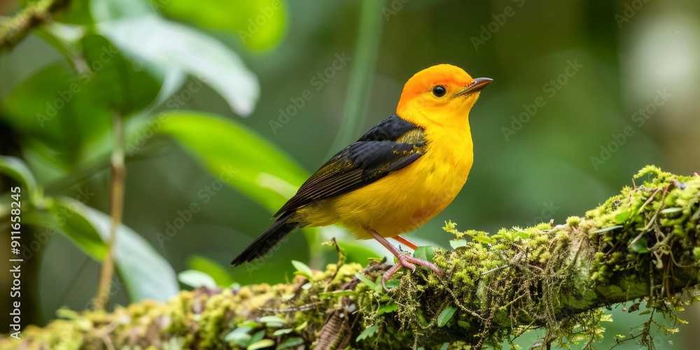 Vibrant yellow tanager perched on mossy branch in lush forest Vibrant yellow tanager perched on mossy branch in lush forest