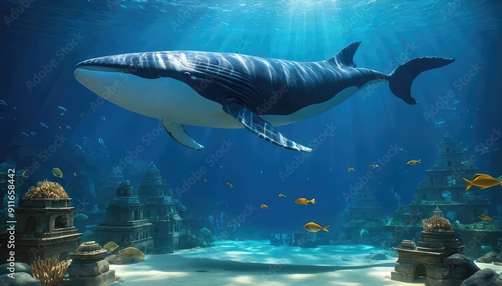 Naklejka premium A serene underwater scene featuring a whale exploring submerged ruins, with vibrant marine life and coral formations basking in the sunlight's gentle glow