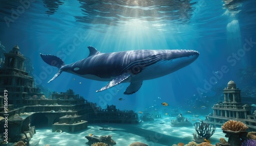 Wallpaper Mural In an underwater paradise, a whale glides past ancient ruins on the ocean floor, accompanied by schools of fish and corals illuminated by shafts of sunlight Torontodigital.ca