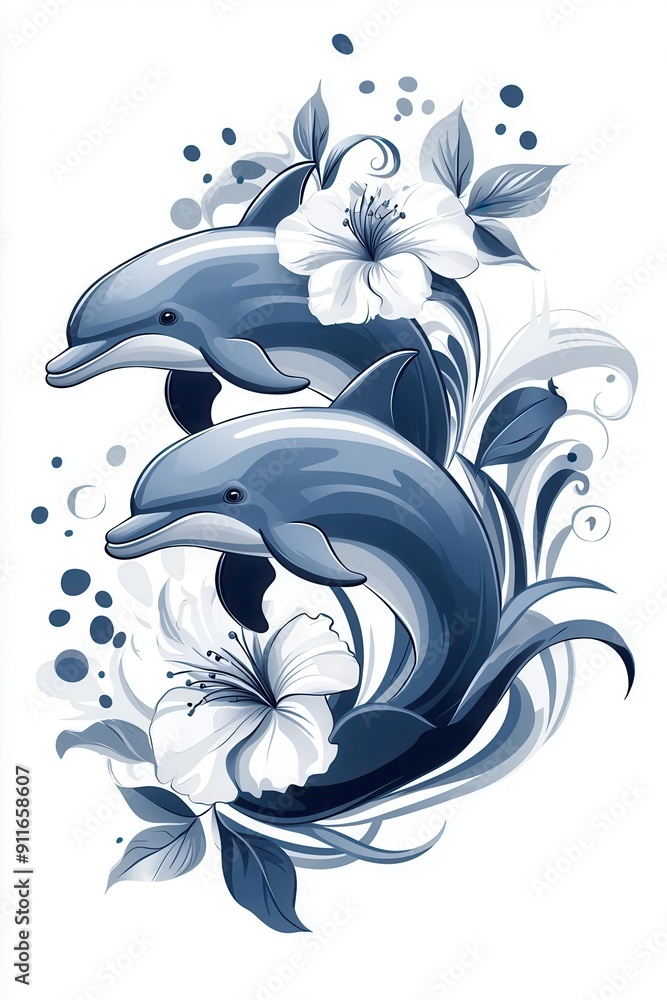 Naklejka premium Two playful dolphins leap through the water with beautiful white flowers.