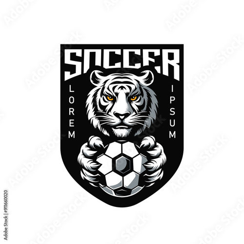 football logo. tiger holding a ball, elegant soccer logo. Modern Soccer Football Badge logo template design