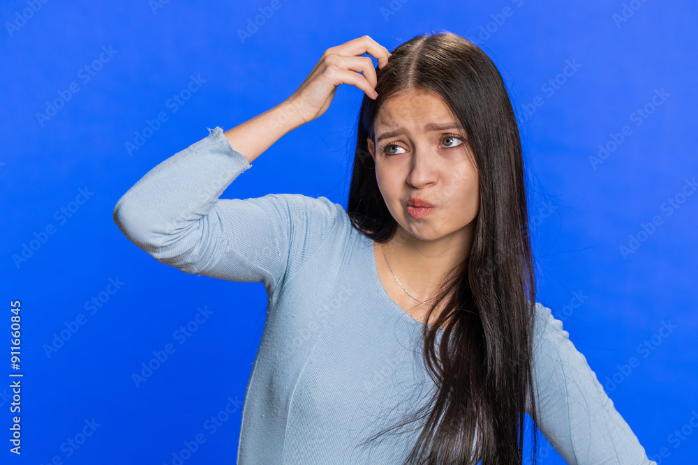 I don't know what to say. Confused sad Caucasian woman feeling embarrassed about ambiguous question, having doubts, no answer, idea, being clueless, uncertain. Teen girl isolated on blue background I don't know what to say. Confused sad Caucasian woman feeling embarrassed about ambiguous question, having doubts, no answer, idea, being clueless, uncertain. Teen girl isolated on blue background