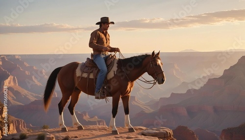 cowboy on a horse at the top of the mountainous grand canyon fiery sunset overlooking the serene 