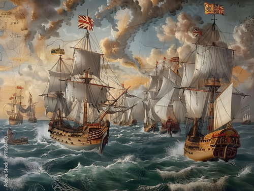 A 16th-century naval battle with sailing ships engaging in combat, and rough seas.
