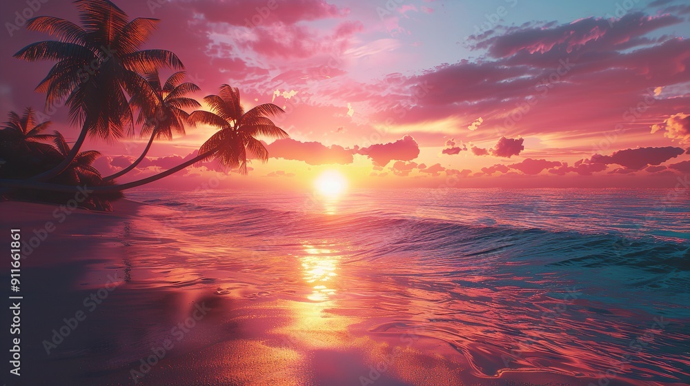 Beautiful sunset tropical beach with palm tree and pink sky for travel and vacation in holiday relax time Beautiful sunset tropical beach with palm tree and pink sky for travel and vacation in holiday relax time