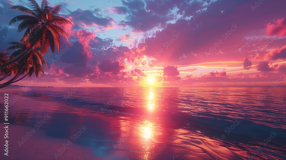 Beautiful sunset tropical beach with palm tree and pink sky for travel and vacation in holiday relax time Beautiful sunset tropical beach with palm tree and pink sky for travel and vacation in holiday relax time