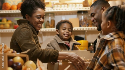 A family receiving a box of food from a food bank, grateful for the support provided by volunteers