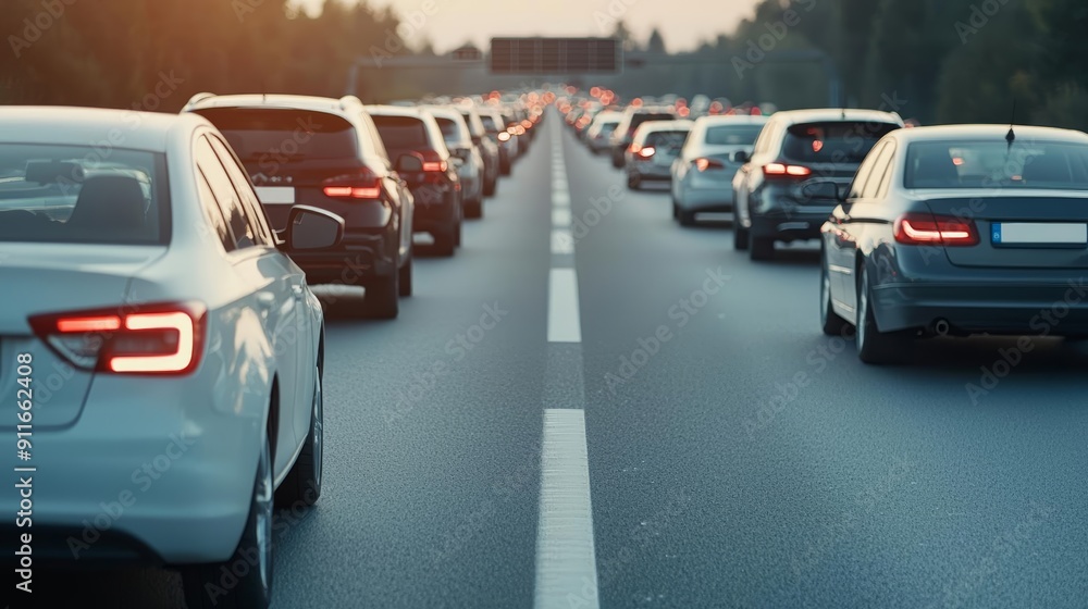 A highway with a long line of idling cars emitting exhaust fumes A highway with a long line of idling cars emitting exhaust fumes