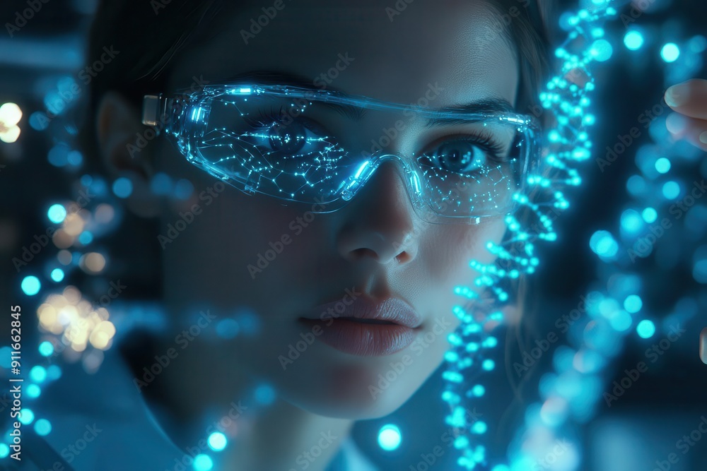 futuristic medical laboratory scientist manipulating holographic dna strand glowing vials of experimental treatments advanced equipment clean aesthetic futuristic medical laboratory scientist manipulating holographic dna strand glowing vials of experimental treatments advanced equipment clean aesthetic