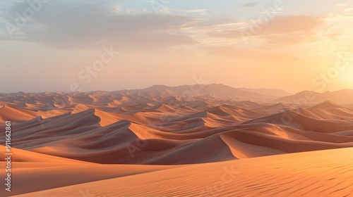 the rolling sand dunes of a desert during golden hour, with long shadows and warm hues. desert dunes at golden hour