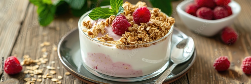 Plate with glass cereal and raspberry yogurt for a nutritious vegan breakfast Spoon next to a clear container of dairy and fruit for a morning meal rich in protein and organic ingredients Plate with glass cereal and raspberry yogurt for a nutritious vegan breakfast Spoon next to a clear container of dairy and fruit for a morning meal rich in protein and organic ingredients