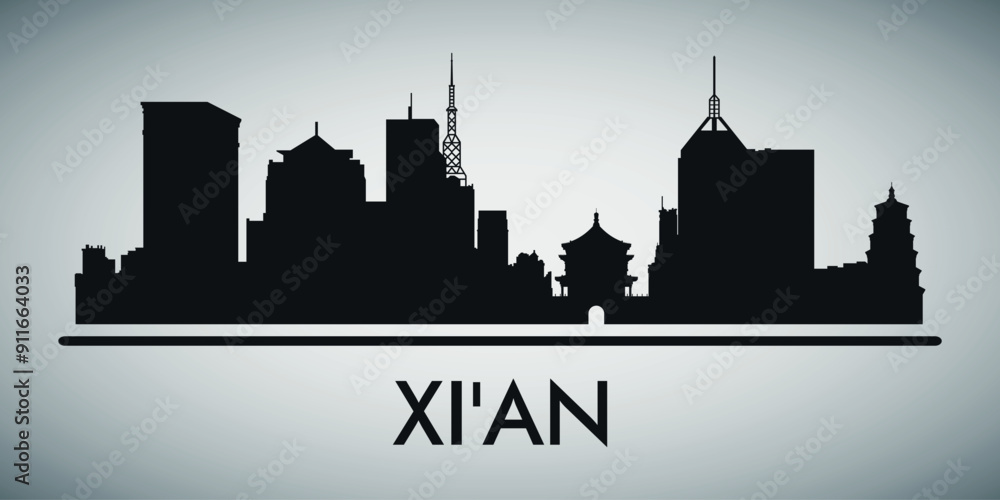 Naklejka premium The city skyline. Xi'an. Silhouettes of buildings. Vector on a gray background