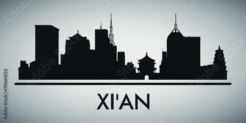 The city skyline. Xi'an. Silhouettes of buildings. Vector on a gray background