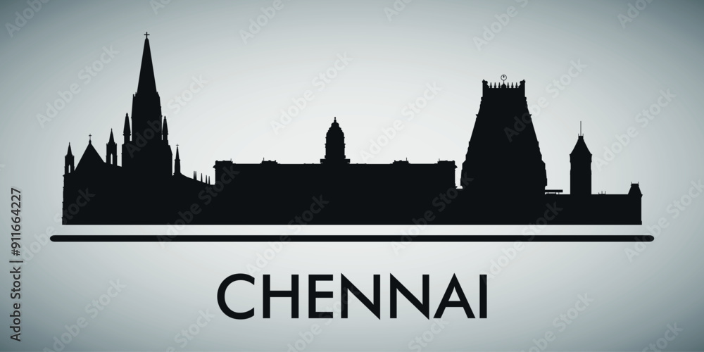 Fototapeta premium The city skyline. Chennai. Silhouettes of buildings. Vector on a gray background