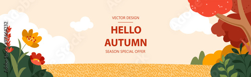 Autumn colorful abstract background, poster, card, cover. Bright trees, bushes, park, wood, forest. Nature concept. Fall mood landscape, flowers, lake, clouds.