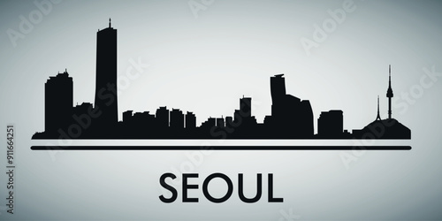 The city skyline. Seoul. Silhouettes of buildings. Vector on a gray background