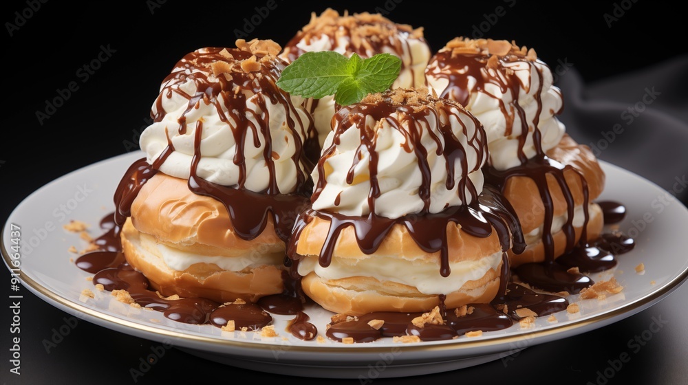 Close-up of a fresh profiterole, featuring delicious textures, front view from above, studio lighting, white background. Close-up of a fresh profiterole, featuring delicious textures, front view from above, studio lighting, white background.