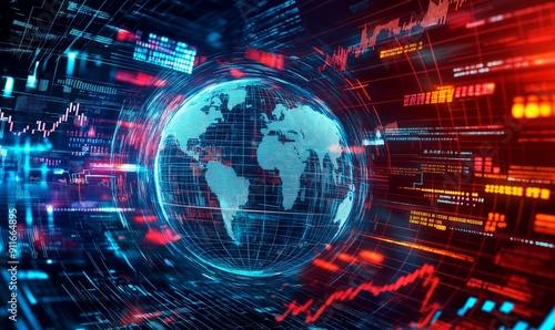 Digital globe with financial data and stock market graphs overlay in a futuristic cyberspace environment. Global finance and technology concept. Design for banner, poster, wallpaper.