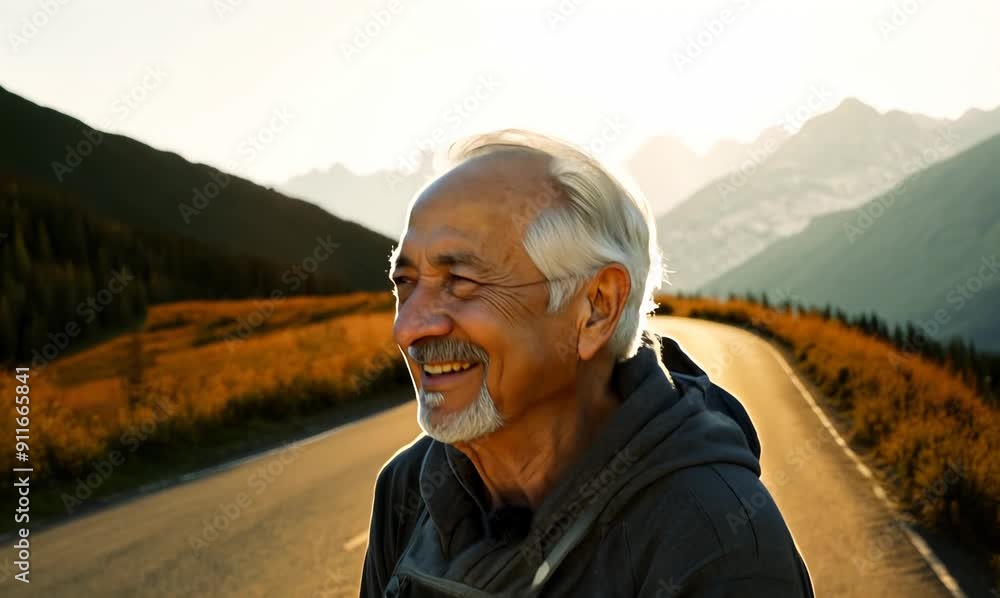 Portrait of a smiling senior man walking along a mountain road. Portrait of a smiling senior man walking along a mountain road.