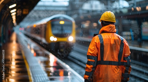 Railway worker in orange safety gear walking along a rainy train station platform with trains in the background