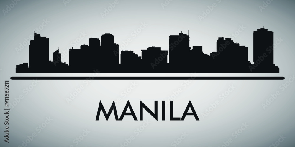 Naklejka premium The city skyline. Manila. Silhouettes of buildings. Vector on a gray background