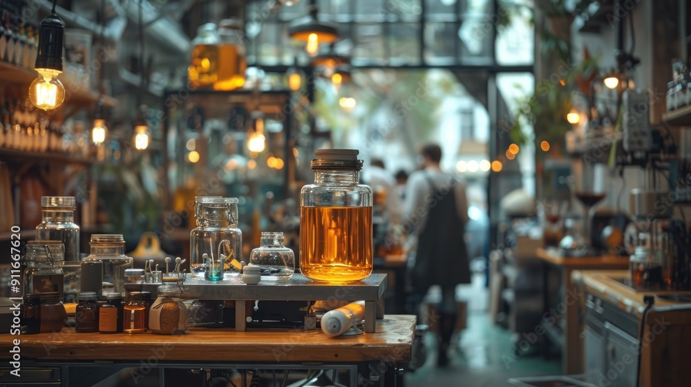 A Countertop With Glass Jars & Bottles in a Cafe A Countertop With Glass Jars & Bottles in a Cafe
