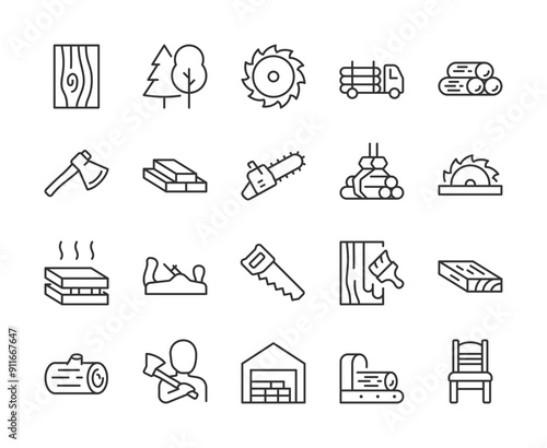 Lumber, Icon Set. Wood Processing and Lumber Products. Tree Cutting, Beam, Saw, Logging Truck, Log, Lumberjack, Drying, Jigsaw. Timber Industry and Carpentry. Line with editable stroke