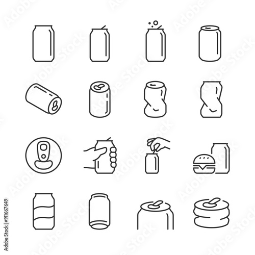 Soda Can, Icon Set. Aluminum. Closed, Open, Broken, Crushed, Hand Holding Can. Metal Soda Can. Line with editable stroke