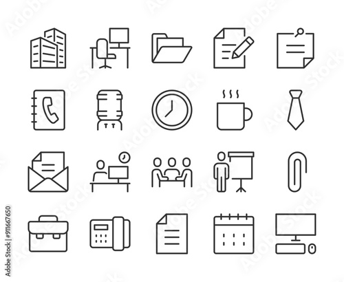 Office and Business, Icon Set. Office Environment and Activities. Office Building, Workspace, Document Management, Meetings, Presentation, Workplace Essentials. Line with editable stroke