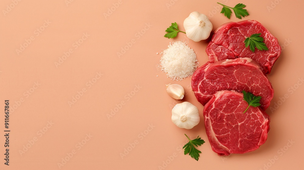 Raw Beef Steaks with Garlic, Salt, and Fresh Parsley on Peach Background, Ideal for Food Blogs, Menus, and Marketing Materials, Perfect for Backgrounds, Banners, and Advertisements with Copyspace
Raw Beef Steaks with Garlic, Salt, and Fresh Parsley on Peach Background, Ideal for Food Blogs, Menus, and Marketing Materials, Perfect for Backgrounds, Banners, and Advertisements with Copyspace