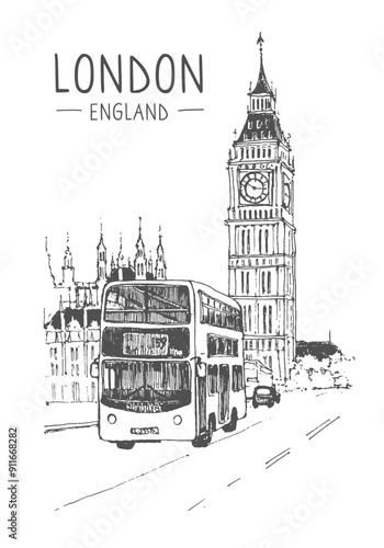 Bigben and bus in London. Vector architecture sketch illustration. Hand drawn sketch of London city, Buckingham Palace, UK. Isolated on white background. Travel sketch. Hand drawn travel postcard.