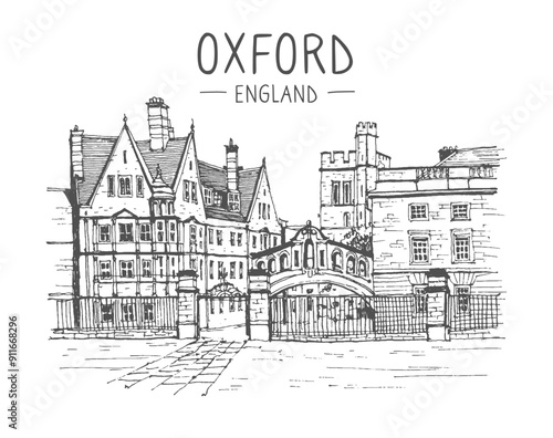 Vector travel sketch of London, Oxford, UK. Historical building line art. Freehand drawing. Sketchy line art drawing with a pen on paper of London. Hand drawn travel postcard. Hand drawing of Oxford.